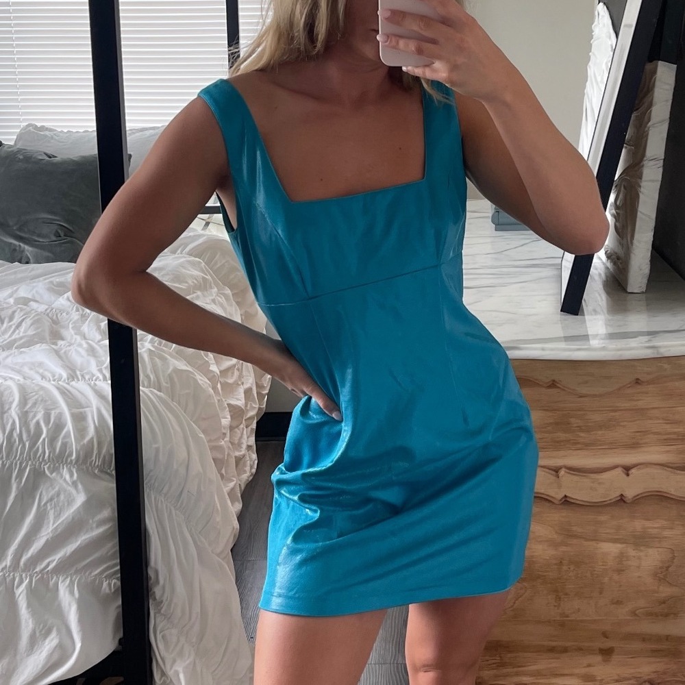 Vintage 90s Andrea Polizzi for Rex Lester‎ Metallic Blue Square Neck Mini Dress